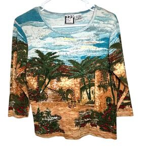 VTG Take Two Scenic Top Womens M Mediterranean Villa Sequin Beaded Cotton Artsy